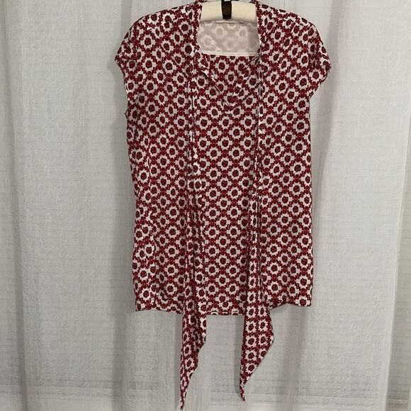 Tory Burch 10 Red White Pattern Cap Sleeve Neck Tie Silk Blouse - Picture 14 of 14